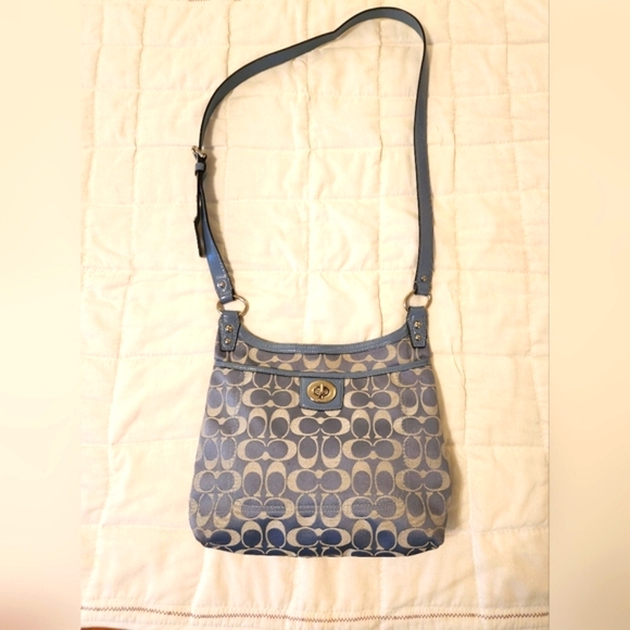 Coach Penelope Canvas Sateen Patent Leather Crossbody Purse, Blue/Gray - Picture 3 of 16